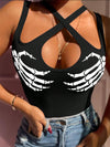 Skeleton Hand Sexy Cross Halter Tight Jumpsuit