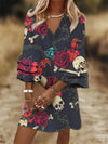 Vintage Rose Skull Print Flare Sleeve V Neck Dress