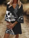 Vintage Skeleton and Cat Print Flare Sleep V Neck Dress