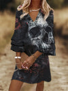 Vintage Rose Skull Abyss Print Flare Sleep V Neck Dress