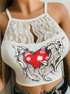 Heart Wings Printing Lace Spinning Sling Vest