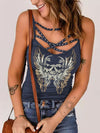 Wing Pattern Skull Printed Rhinestones V-neck Lace up Vests