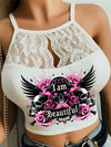 Rose Skull Wings Printing Lace Splicing Sling Vest