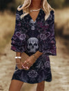 Vintage Rose Skull Print Flare Sleep V Neck Dress