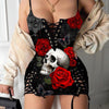 Gothic Rose Skull Printed Sexy V-neck Eyelet Lace-up Suspension Dress
