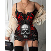 Gothic Dark Blue Skull Print Lace-up Sexy V-neck Suspender Skirt