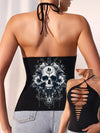 Flower Skull Print Strap Halterneck Bodyshaper Vest