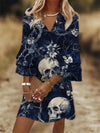 Vintage Flower Skull Print Flare Sleep V Neck Dress