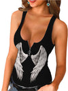 Wings Print Zipper Bottoming Small Sunken Stripe Vest