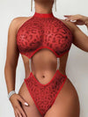 Sexy Leopard Print Halter Mesh See-through Love Pendant Chain Jumpsuit