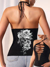 Rose Skull Head Print Strap Halterneck Bodyshaper Vest