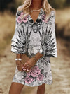 Vintage Wings Skull Head Print Flare Sleep V Neck Dress