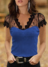 Sexy Solid Color Lace V-neck Short Sleeve Top