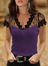 Sexy Solid Color Lace V-neck Short Sleeve Top