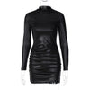 Imitation Leather Pleated Slim Fit round Neck Long Sleeves Dress