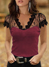 Sexy Solid Color Lace V-neck Short Sleeve Top