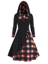 Fashion Plaid Button Patchwork Turtleneck Hooded Mid-Length Dress