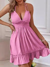 Deep V Halter Straps Pleated Edge Backless Dress