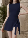 Temperament Pure Color Crew Neck Split Tied Dress