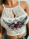 Red Love Gem Wings Printing Lace Spinning Sling Vest