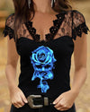 Blue Skull Print Lace Panel Short Sleeve Top