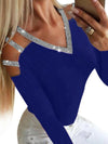 Women's sequin embellished V-neck long-sleeved top off-shoulder T-shirt