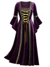 Gothic punk style long-sleeved lace-up gold velvet dress robe