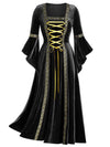Gothic punk style long-sleeved lace-up gold velvet dress robe