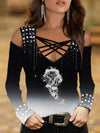 Long Sleeve V-Neck Lace Floral Print T-Shirt