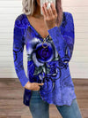 V-neck Zipper Rose Flower Print Long-sleeved T-shirt