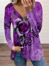 V-neck Zipper Rose Flower Print Long-sleeved T-shirt