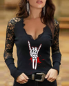 Dark Skeleton Rock Gesture Lace V-neck Long Sleeve Top