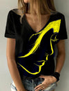 Abstract Face Print V-Neck Top