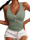 Threaded Zip V-Neck Slim Tank T-Shirt