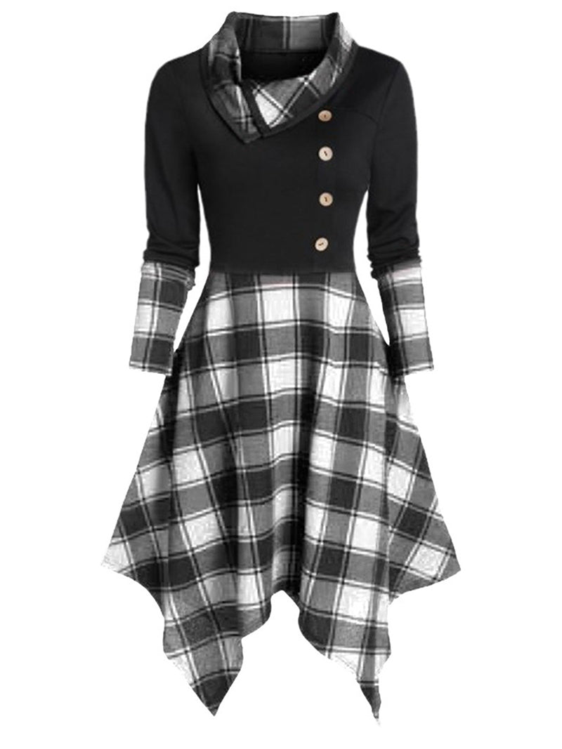 Women's Clothing Overlap Lapel Single Breasted Plaid Stitching Dress