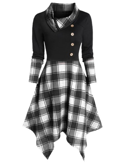 Women's Clothing Overlap Lapel Single Breasted Plaid Stitching Dress