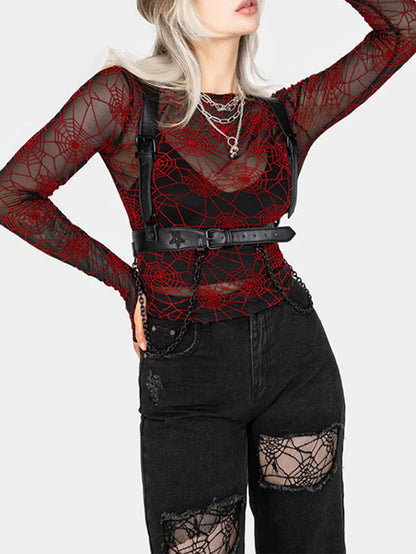 Sexy All-Matching Red Spider Web Long Sleeve Top