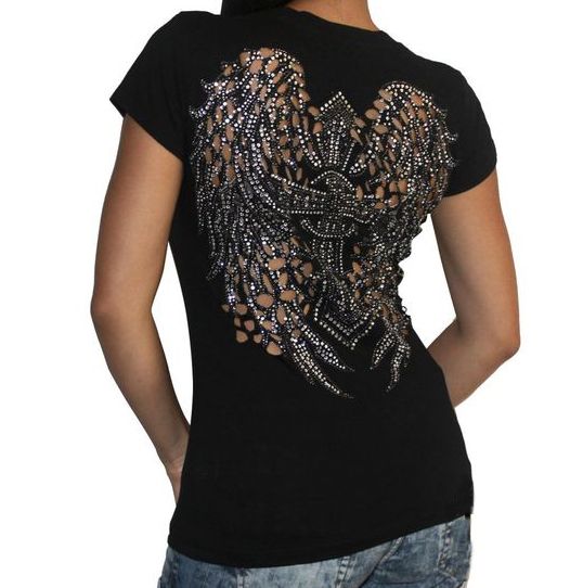Kurzärmliges T-Shirt mit Gothic-Flügel-Aufdruck 