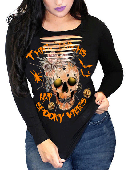 Thick Thighs And Spooky Vibes Print Round Neck Long Sleeve T-Shirt