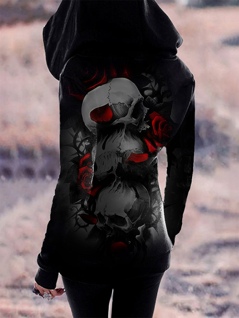 Women's Gothic Skull Red Rose Full Printed Hoodie