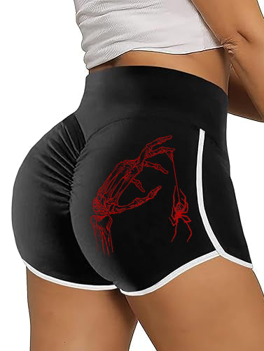 Skull Hand and Spider Print High Waist Tummy Control Track Shorts