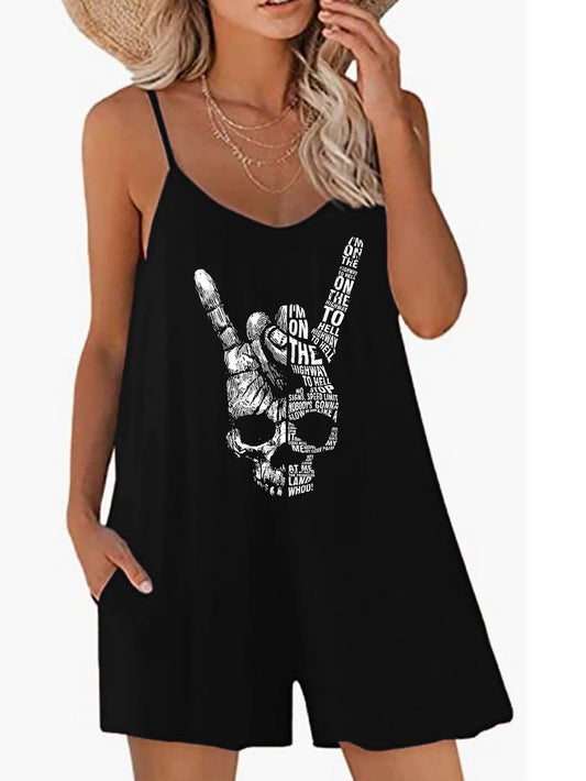 Skull Print Casual Loose Strap Jumpsuit