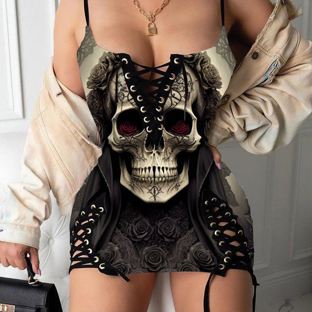 Gothic Skull Printed Sexy V-neck Eyelet Lace-up Suspension Dress
