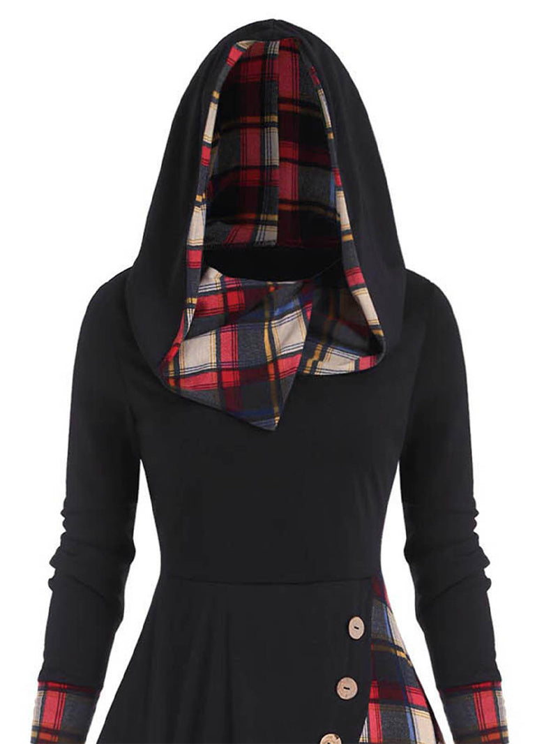 Fashion Plaid Button Patchwork Turtleneck Hooded Mid-Length Dress