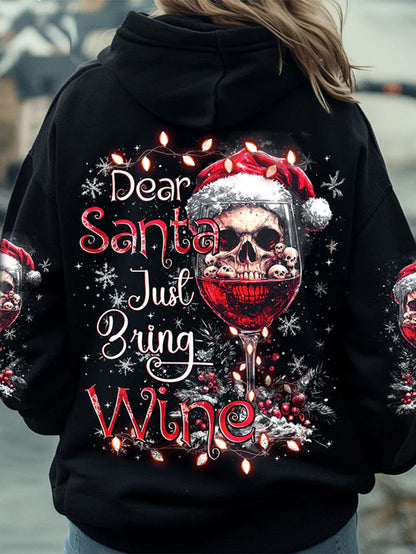 Women's Christmas Skull Red Wine Glass Print Hoodie