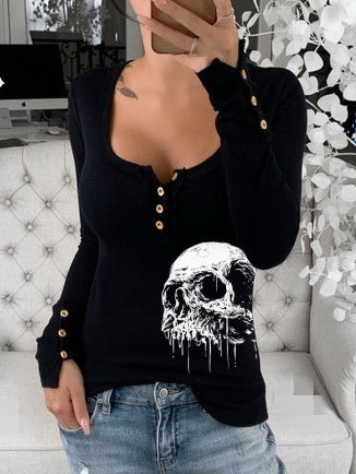 Skull Print Button Long Sleeve Tops