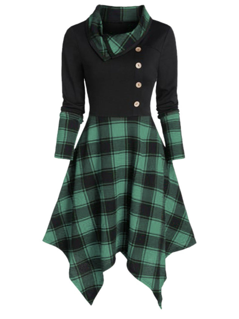 Women's Clothing Overlap Lapel Single Breasted Plaid Stitching Dress