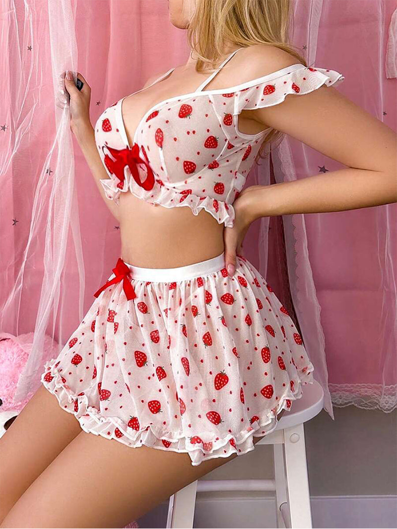 Sexy Cute Strawberry Print Stitching Lace Skirt Outfit