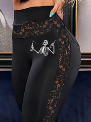 Sexy Skull Print Lace Patchwork Pants