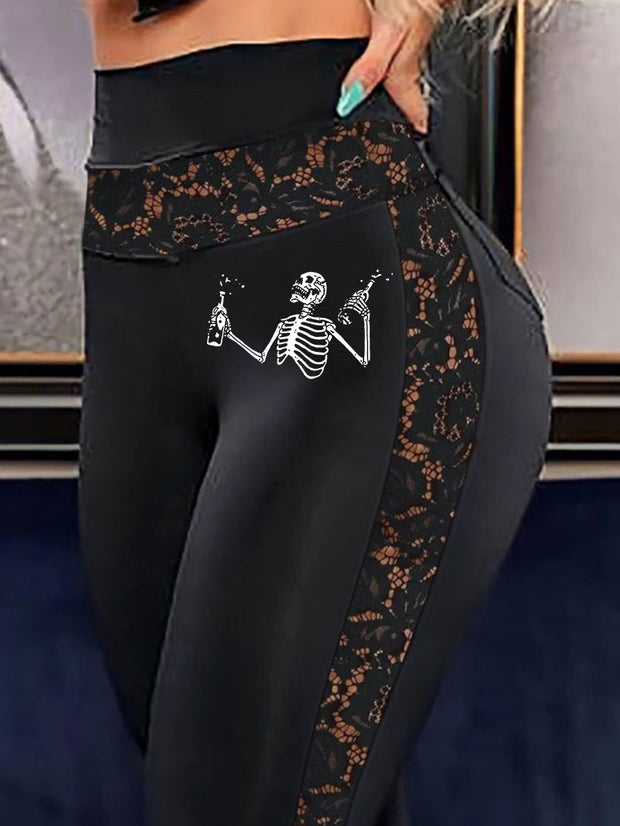 Pantalon sexy en patchwork de dentelle imprimé tête de mort